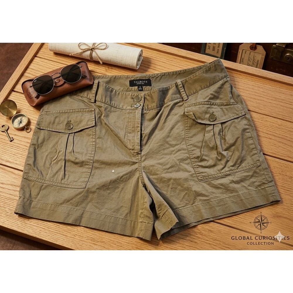 Talbots Women’s Shorts 14 Green Khaki 5” Inseam Double Button Cargo/Utility Hike